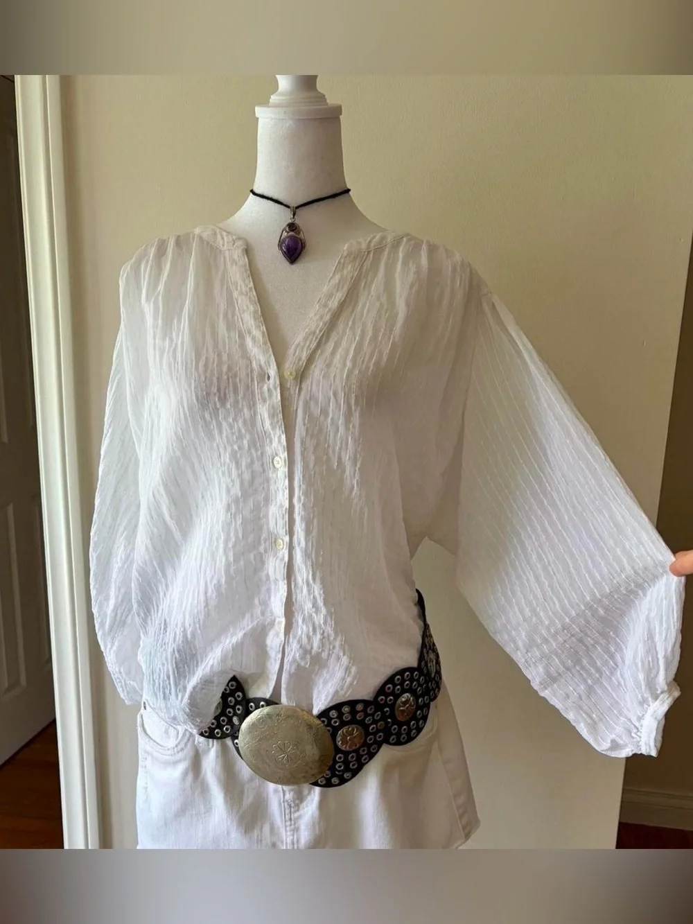 White boho peasant poet button blouse puff sleeve prairie pirate Ann Taylor XS